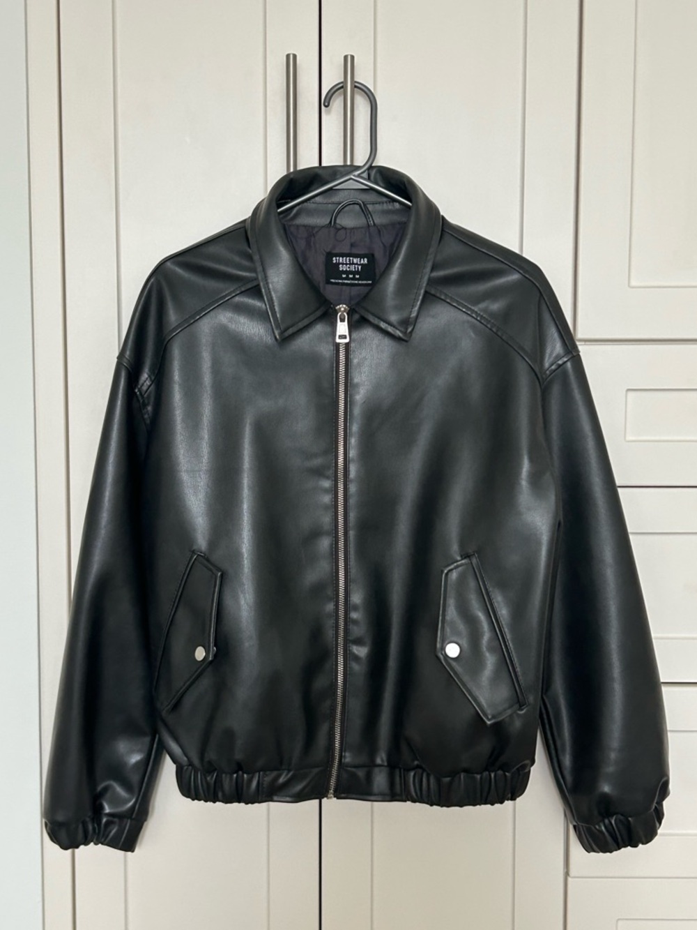 Faux Vegan Leather Bomber Jacket S-M